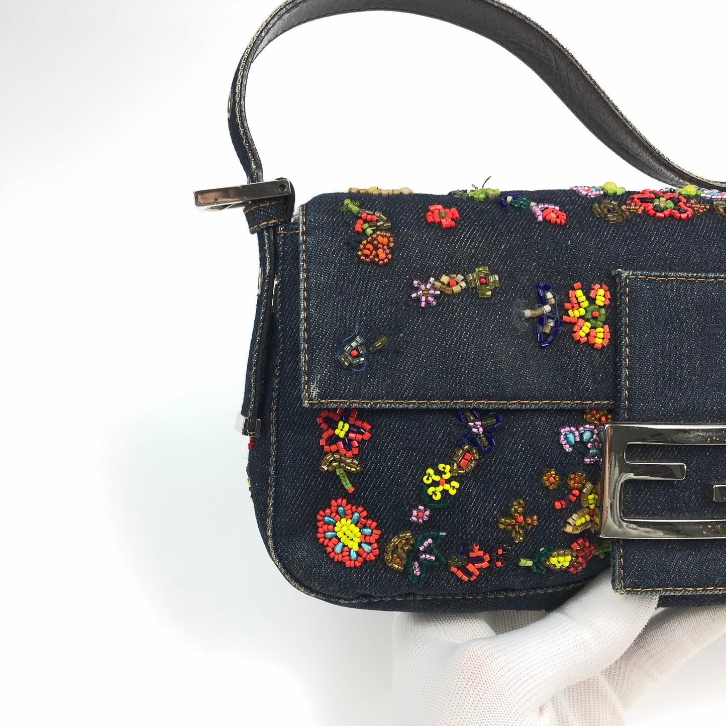 FENDI DENIM FLORAL BEADED BAGUETTE BAG