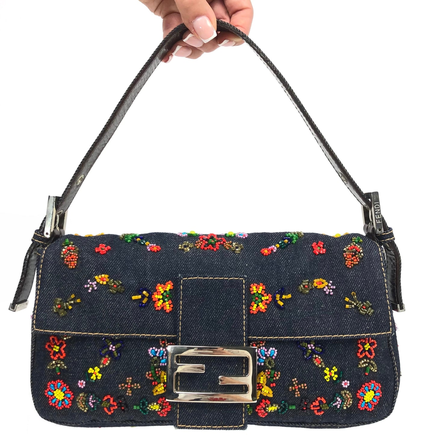 FENDI DENIM FLORAL BEADED BAGUETTE BAG