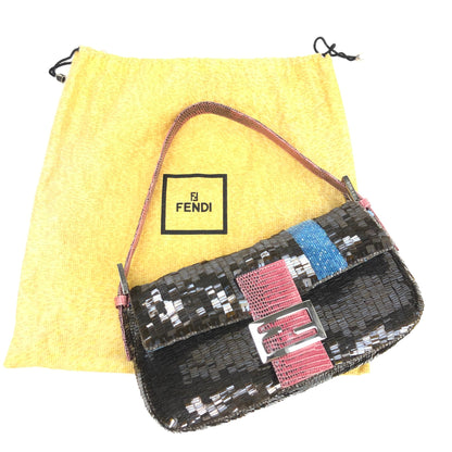 FENDI BEADED BAGUETTE BAG WITH EXOTIC LIZARD LEATHER DETAILING