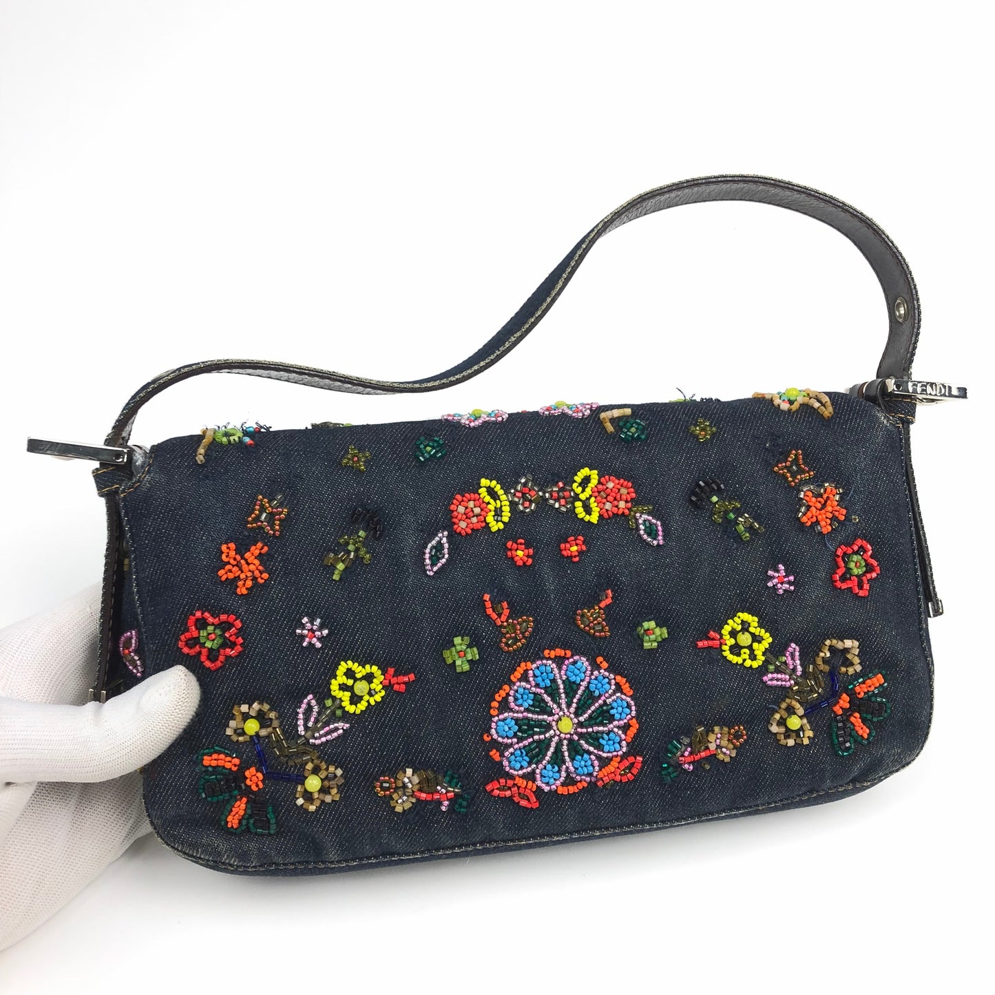 FENDI DENIM FLORAL BEADED BAGUETTE BAG