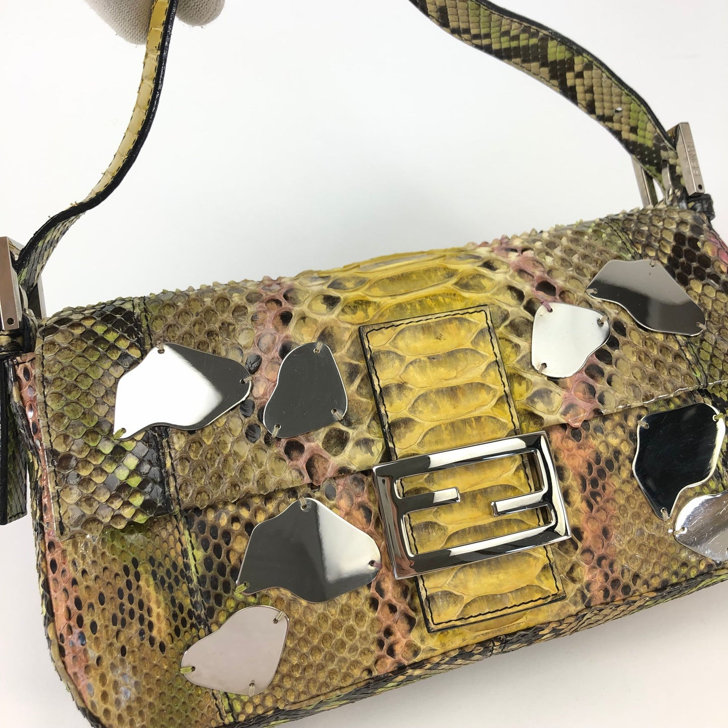 FENDI MULTI COLOUR PYTHON SNAKESKIN BAGUETTE BAG WITH METAL/MIRROR DETAILING
