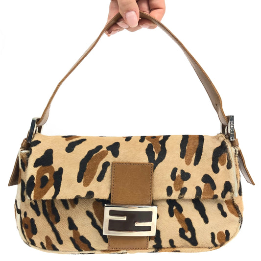 FENDI LEOPARD CALF HAIR BAGUETTE SHOULDER BAG