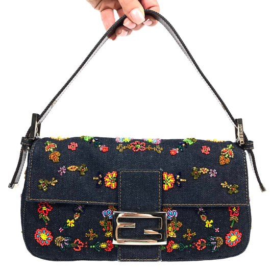 FENDI DENIM FLORAL BEADED BAGUETTE BAG