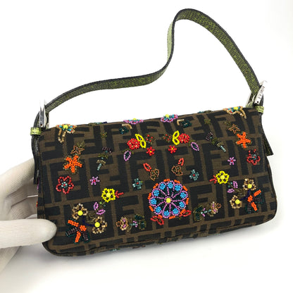 FENDI ZUCCA FLORAL BEADED BAGUETTE BAG WITH EXOTIC LIZARD DETAILING