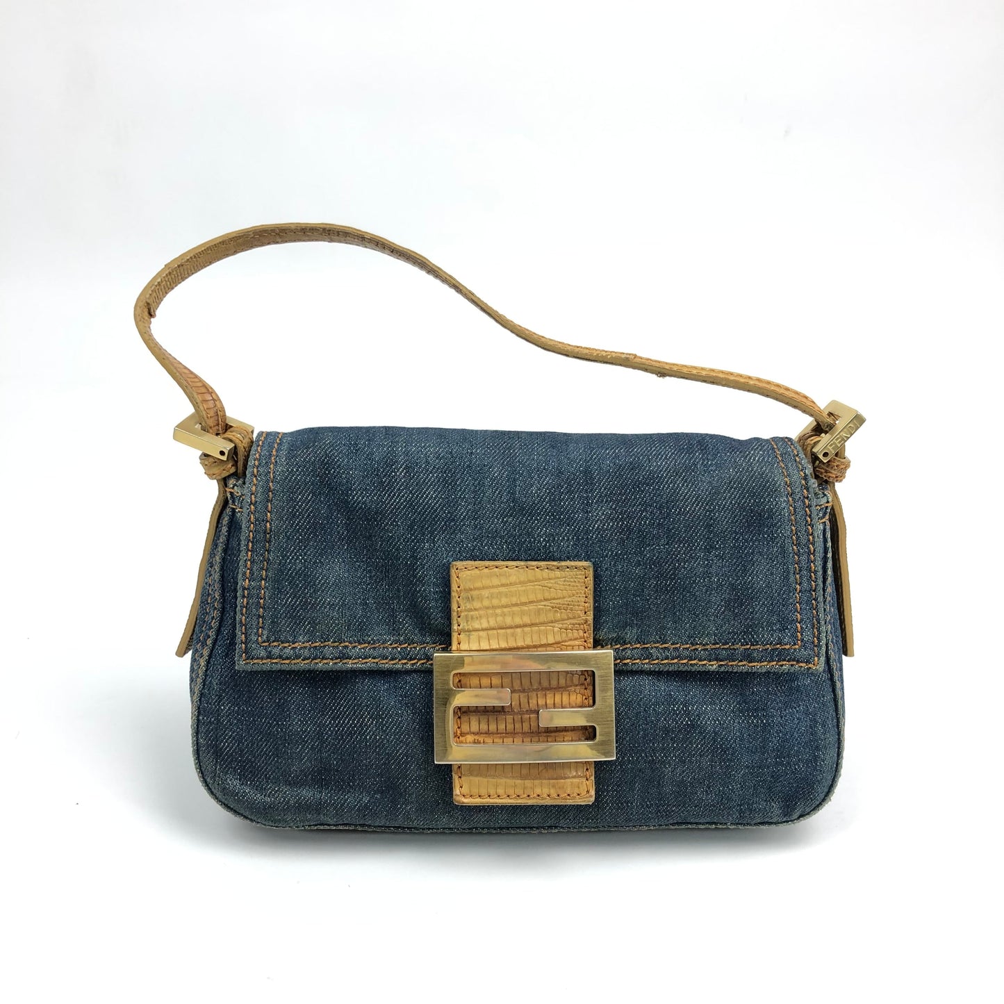 FENDI DENIM BAGUETTE BAG WITH EXOTIC LIZARD DETAILING