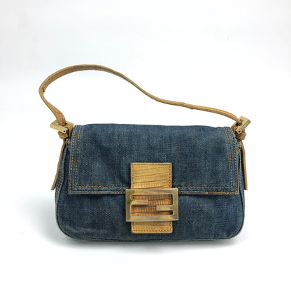 FENDI DENIM BAGUETTE BAG WITH EXOTIC LIZARD DETAILING
