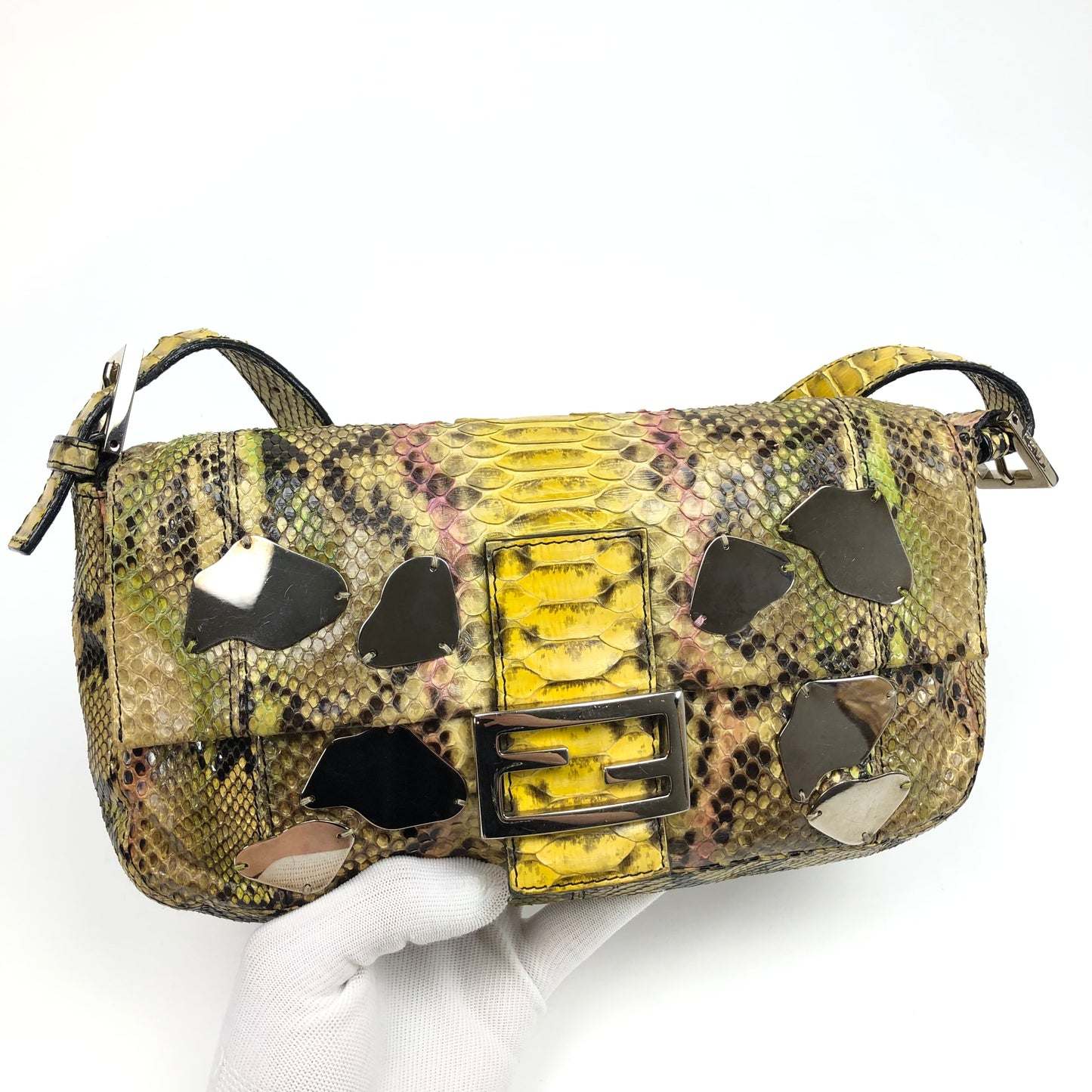 FENDI MULTI COLOUR PYTHON SNAKESKIN BAGUETTE SHOULDER BAG WITH METAL/MIRROR DETAILING