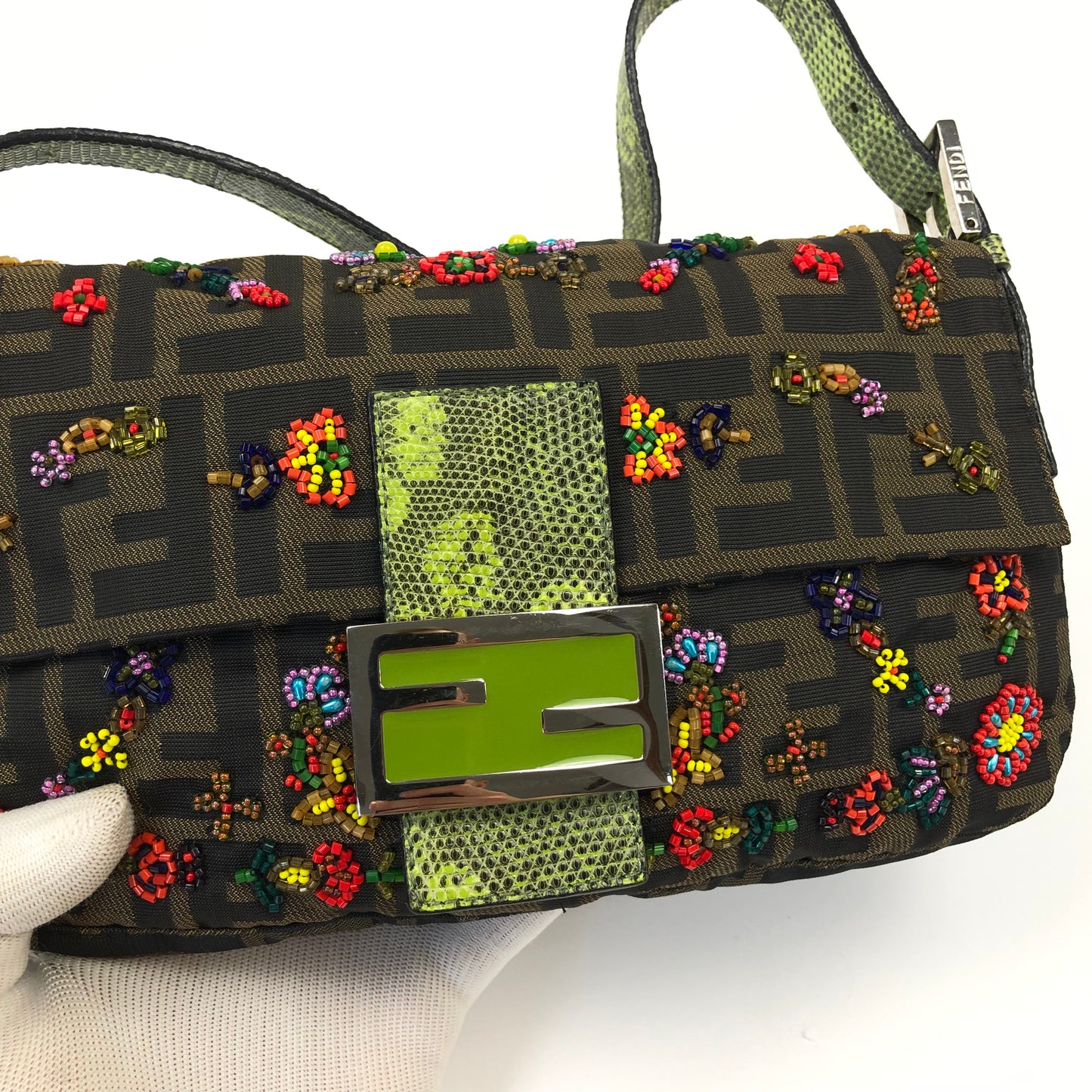 FENDI ZUCCA FLORAL BEADED BAGUETTE BAG WITH EXOTIC LIZARD DETAILING