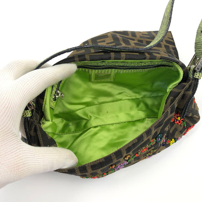FENDI ZUCCA FLORAL BEADED BAGUETTE BAG WITH EXOTIC LIZARD DETAILING