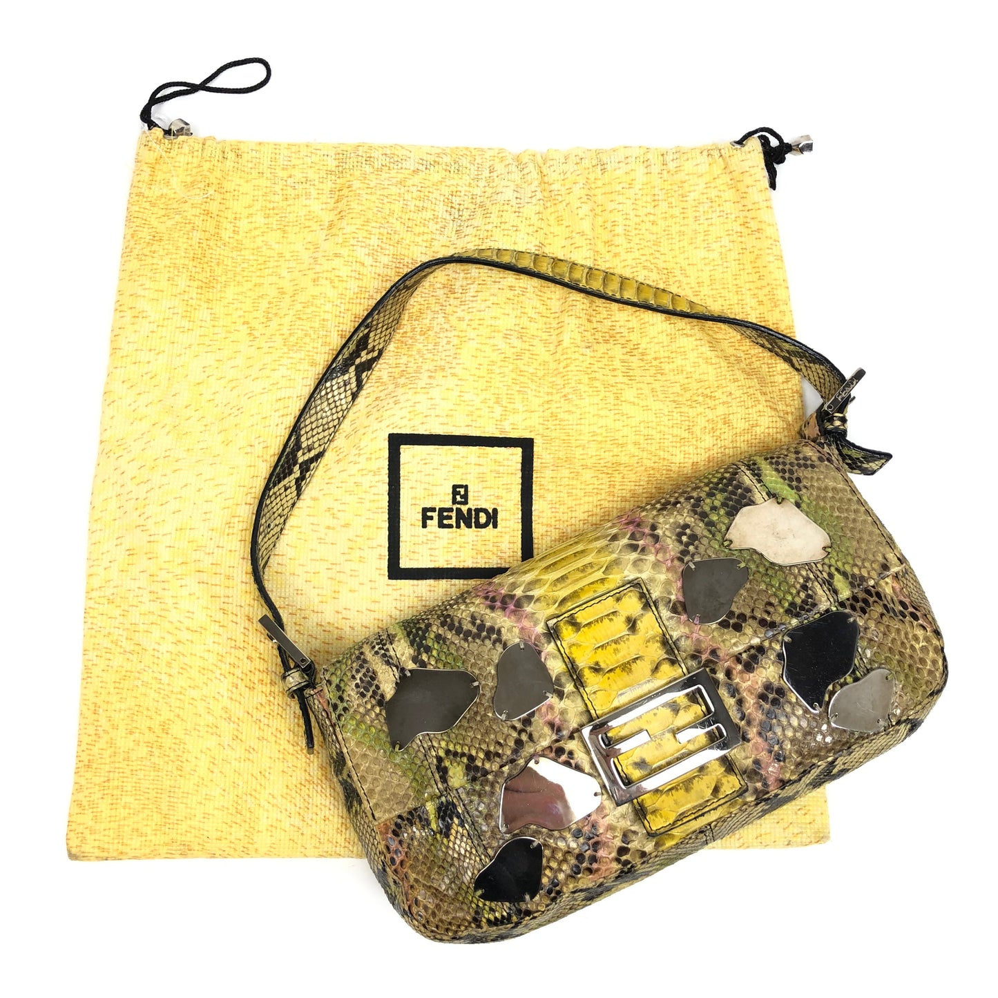 FENDI MULTI COLOUR PYTHON SNAKESKIN BAGUETTE SHOULDER BAG WITH METAL/MIRROR DETAILING