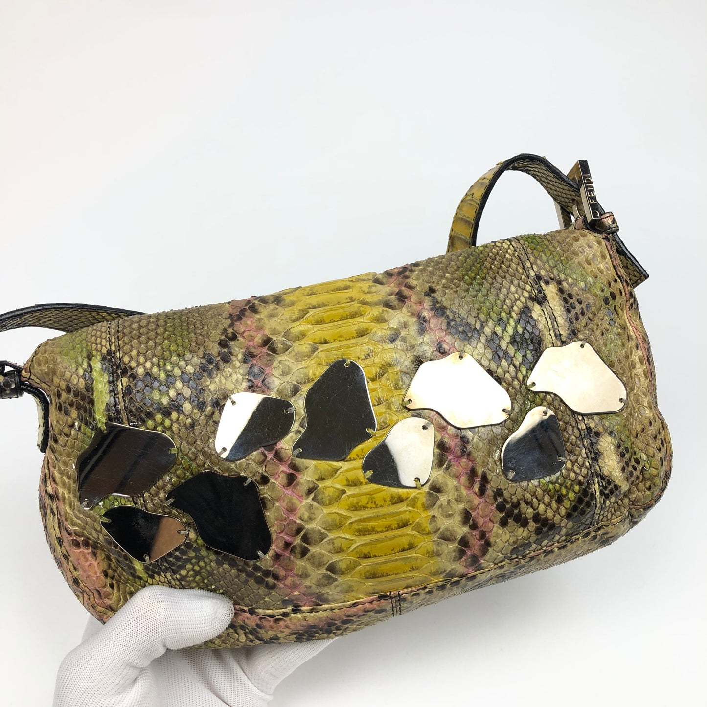 FENDI MULTI COLOUR PYTHON SNAKESKIN BAGUETTE SHOULDER BAG WITH METAL/MIRROR DETAILING