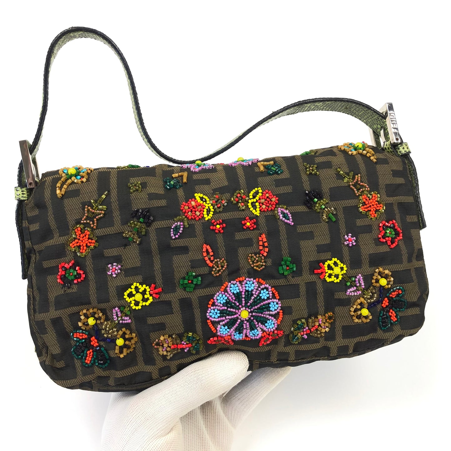 FENDI ZUCCA FLORAL BEADED BAGUETTE BAG WITH EXOTIC LIZARD DETAILING