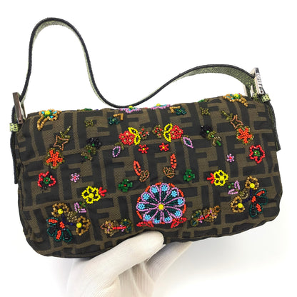 FENDI ZUCCA FLORAL BEADED BAGUETTE BAG WITH EXOTIC LIZARD DETAILING