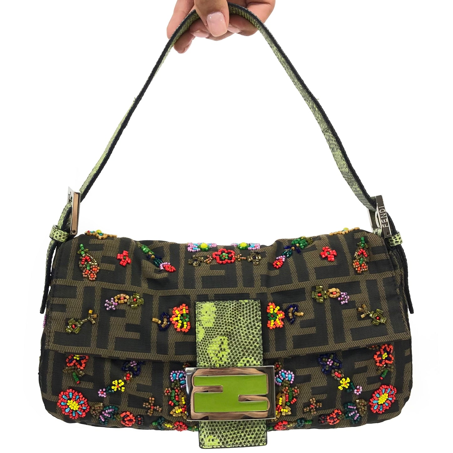 FENDI ZUCCA FLORAL BEADED BAGUETTE BAG WITH EXOTIC LIZARD DETAILING